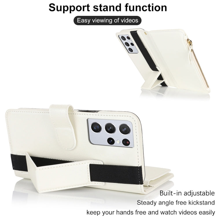 For Samsung Galaxy S21 Ultra 5G Wristband Holder Zipper Purse RFID Leather Phone Case