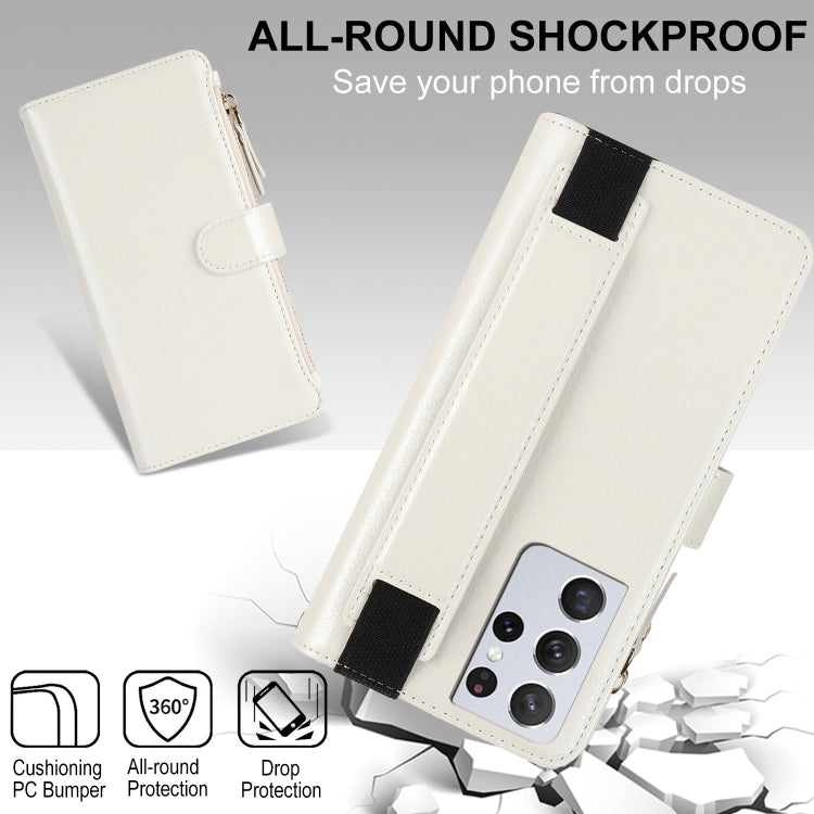 For Samsung Galaxy S21 Ultra 5G Wristband Holder Zipper Purse RFID Leather Phone Case