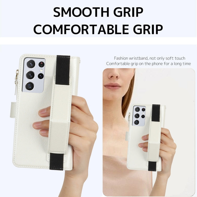 For Samsung Galaxy S21 Ultra 5G Wristband Holder Zipper Purse RFID Leather Phone Case