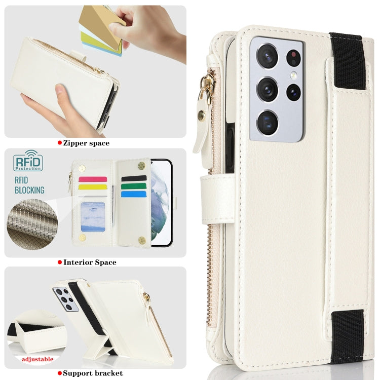 For Samsung Galaxy S21 Ultra 5G Wristband Holder Zipper Purse RFID Leather Phone Case
