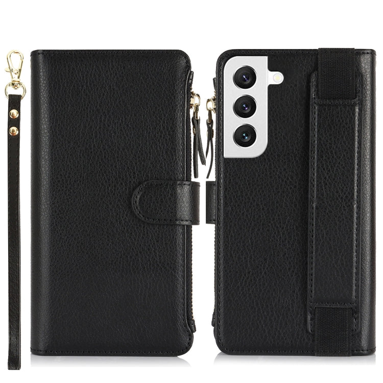 For Samsung Galaxy S22+ 5G Wristband Holder Zipper Purse RFID Leather Phone Case