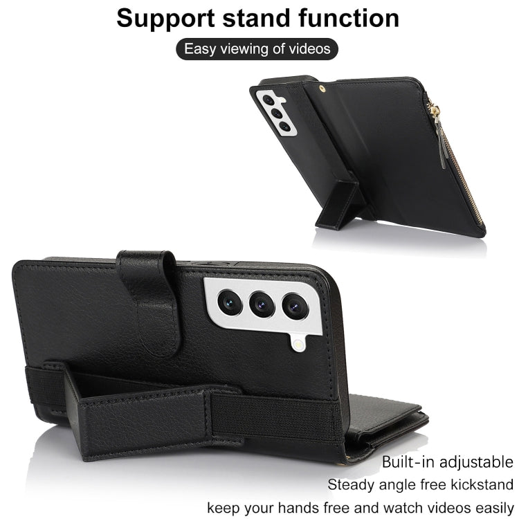 For Samsung Galaxy S22+ 5G Wristband Holder Zipper Purse RFID Leather Phone Case
