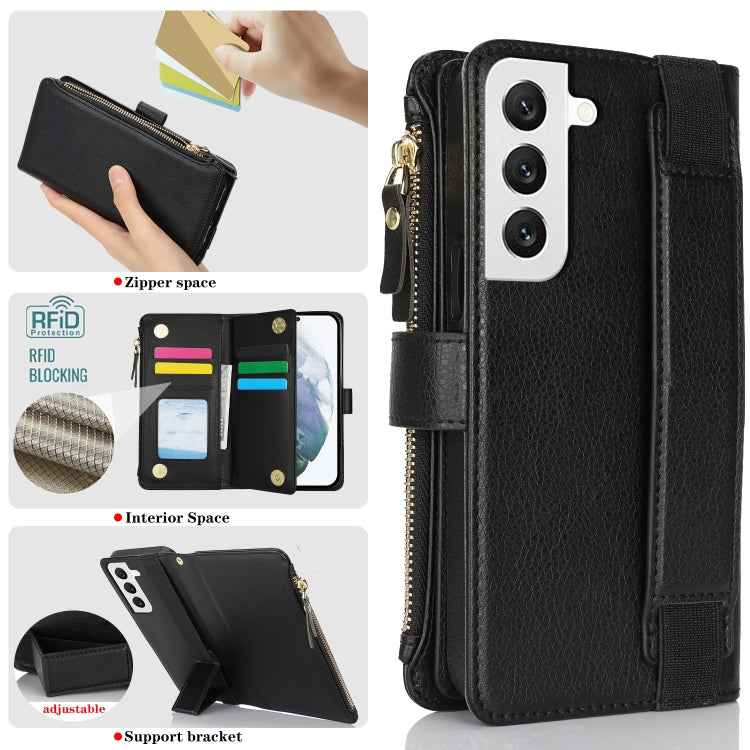 For Samsung Galaxy S22+ 5G Wristband Holder Zipper Purse RFID Leather Phone Case