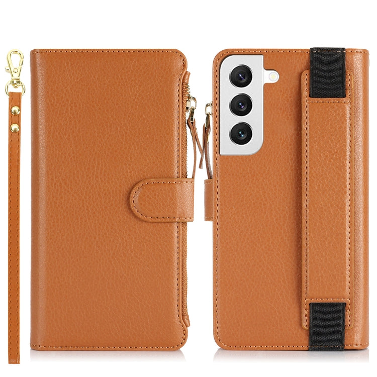For Samsung Galaxy S22+ 5G Wristband Holder Zipper Purse RFID Leather Phone Case