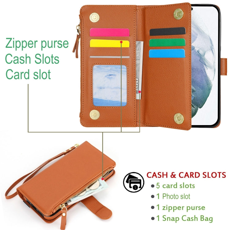 For Samsung Galaxy S22+ 5G Wristband Holder Zipper Purse RFID Leather Phone Case