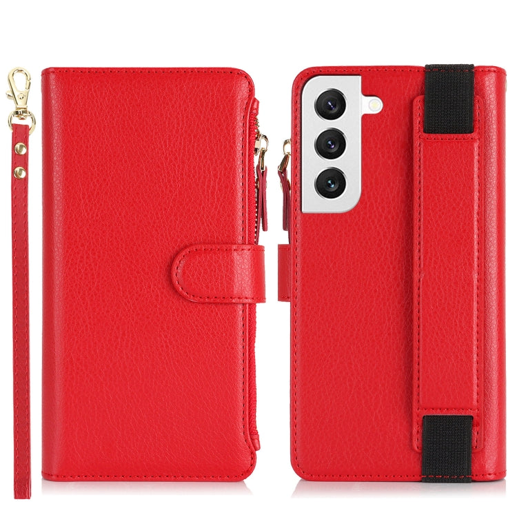 For Samsung Galaxy S22+ 5G Wristband Holder Zipper Purse RFID Leather Phone Case