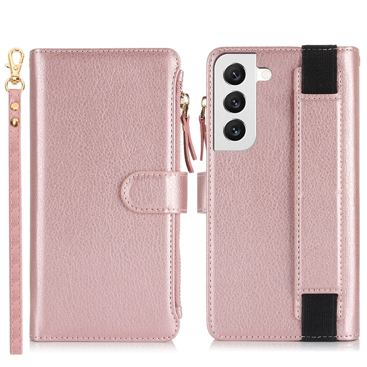 For Samsung Galaxy S22+ 5G Wristband Holder Zipper Purse RFID Leather Phone Case