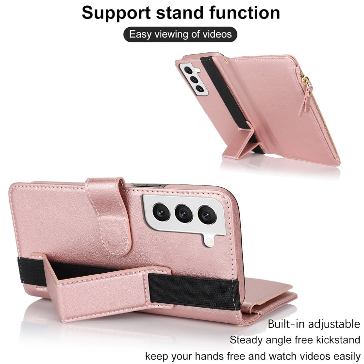For Samsung Galaxy S22+ 5G Wristband Holder Zipper Purse RFID Leather Phone Case