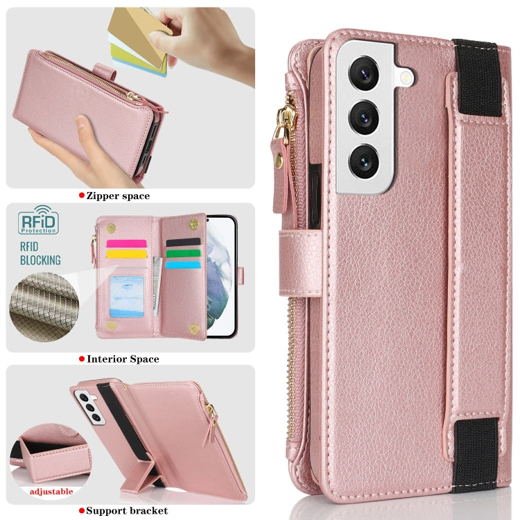 For Samsung Galaxy S22+ 5G Wristband Holder Zipper Purse RFID Leather Phone Case