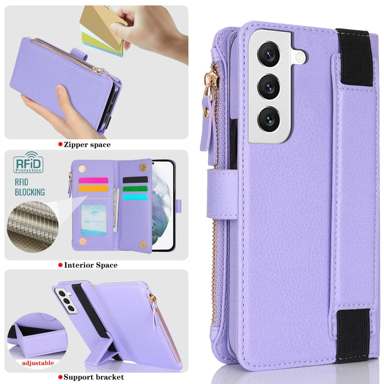 For Samsung Galaxy S22+ 5G Wristband Holder Zipper Purse RFID Leather Phone Case
