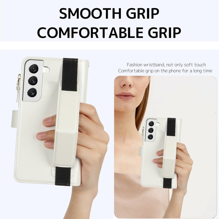 For Samsung Galaxy S22+ 5G Wristband Holder Zipper Purse RFID Leather Phone Case