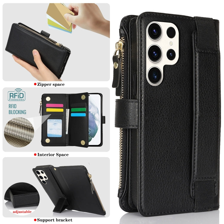 For Samsung Galaxy S22 Ultra 5G Wristband Holder Zipper Purse RFID Leather Phone Case