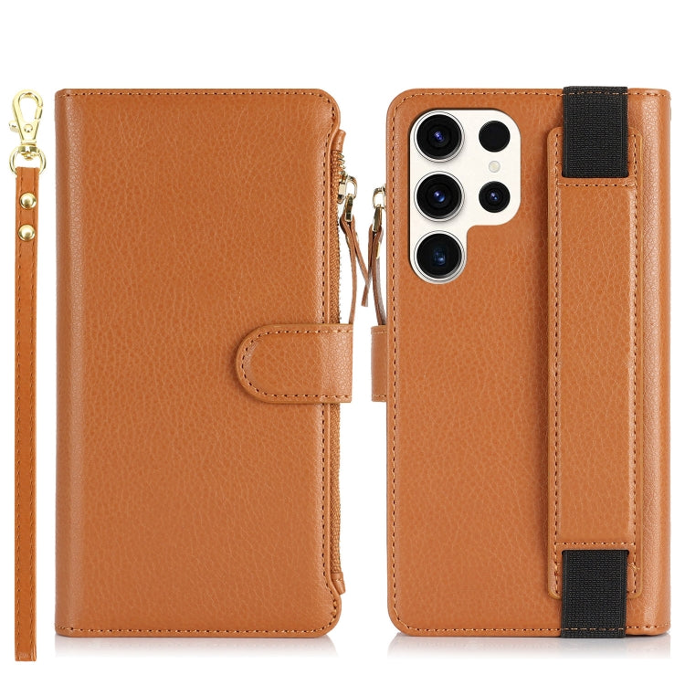 For Samsung Galaxy S22 Ultra 5G Wristband Holder Zipper Purse RFID Leather Phone Case