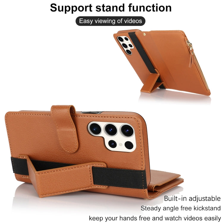 For Samsung Galaxy S22 Ultra 5G Wristband Holder Zipper Purse RFID Leather Phone Case