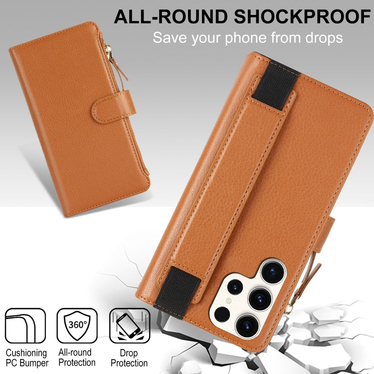 For Samsung Galaxy S22 Ultra 5G Wristband Holder Zipper Purse RFID Leather Phone Case