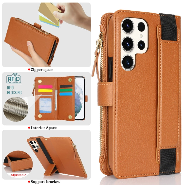For Samsung Galaxy S22 Ultra 5G Wristband Holder Zipper Purse RFID Leather Phone Case
