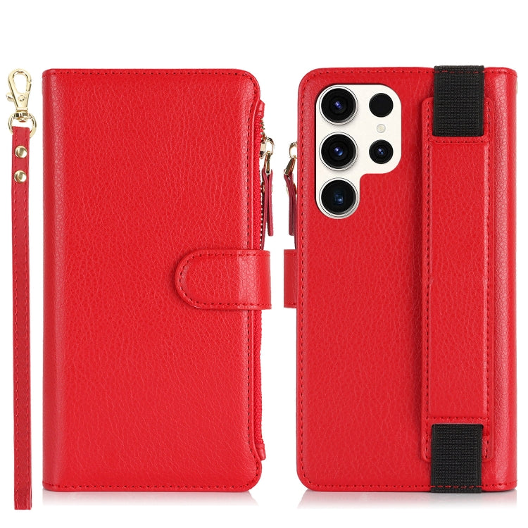 For Samsung Galaxy S22 Ultra 5G Wristband Holder Zipper Purse RFID Leather Phone Case