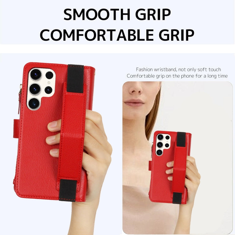 For Samsung Galaxy S22 Ultra 5G Wristband Holder Zipper Purse RFID Leather Phone Case
