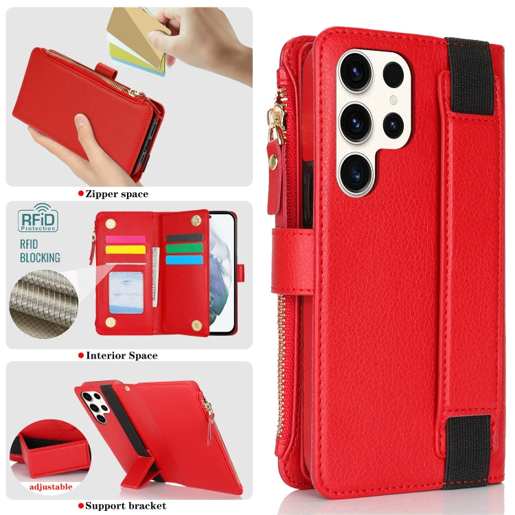 For Samsung Galaxy S22 Ultra 5G Wristband Holder Zipper Purse RFID Leather Phone Case