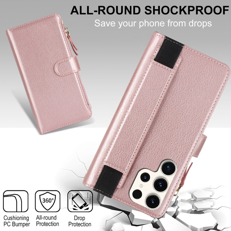For Samsung Galaxy S22 Ultra 5G Wristband Holder Zipper Purse RFID Leather Phone Case