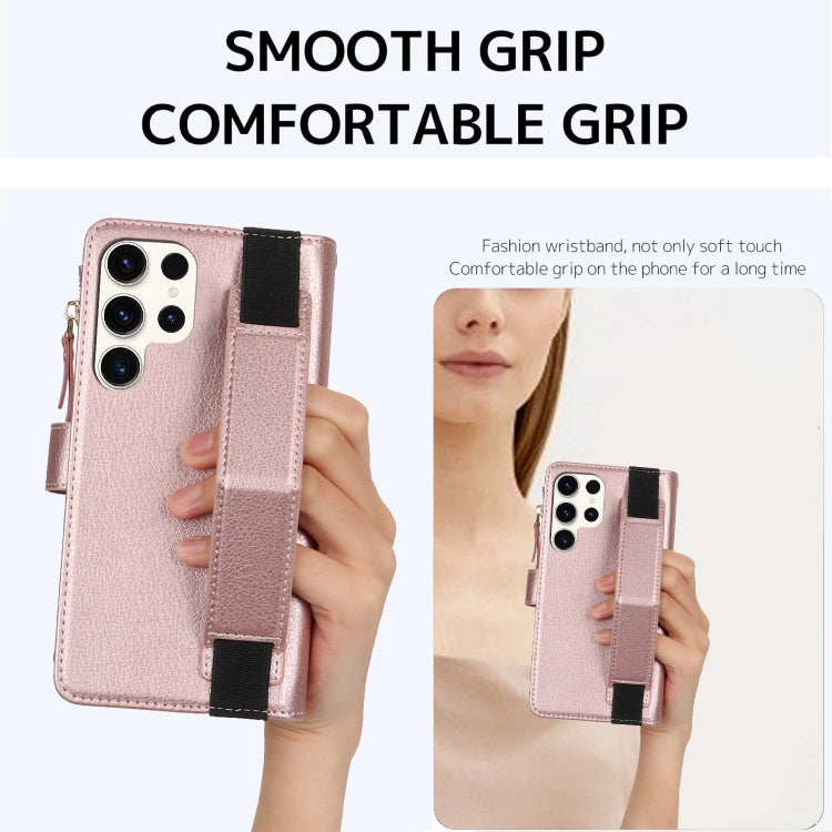 For Samsung Galaxy S22 Ultra 5G Wristband Holder Zipper Purse RFID Leather Phone Case