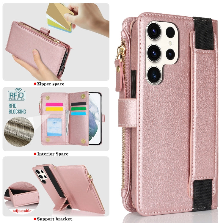 For Samsung Galaxy S22 Ultra 5G Wristband Holder Zipper Purse RFID Leather Phone Case