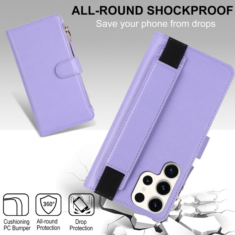 For Samsung Galaxy S22 Ultra 5G Wristband Holder Zipper Purse RFID Leather Phone Case
