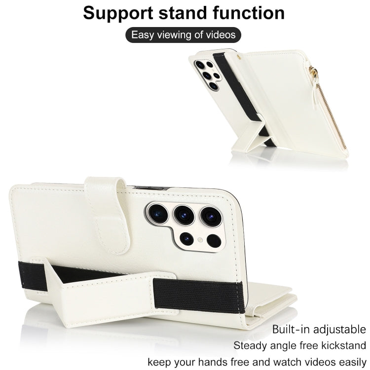 For Samsung Galaxy S22 Ultra 5G Wristband Holder Zipper Purse RFID Leather Phone Case