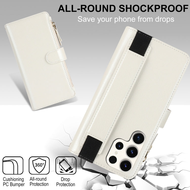 For Samsung Galaxy S22 Ultra 5G Wristband Holder Zipper Purse RFID Leather Phone Case