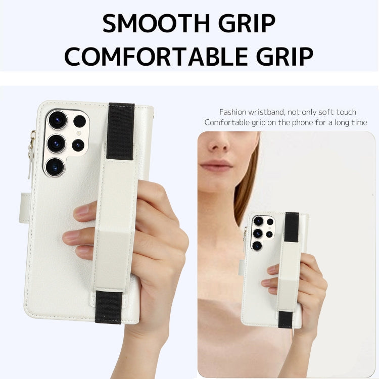 For Samsung Galaxy S22 Ultra 5G Wristband Holder Zipper Purse RFID Leather Phone Case