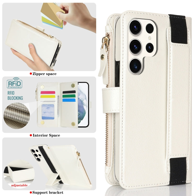 For Samsung Galaxy S22 Ultra 5G Wristband Holder Zipper Purse RFID Leather Phone Case