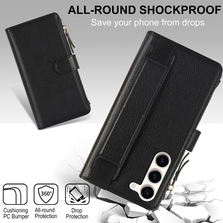 For Samsung Galaxy S23 5G Wristband Holder Zipper Purse RFID Leather Phone Case
