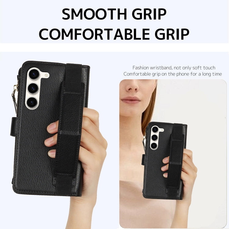 For Samsung Galaxy S23 5G Wristband Holder Zipper Purse RFID Leather Phone Case