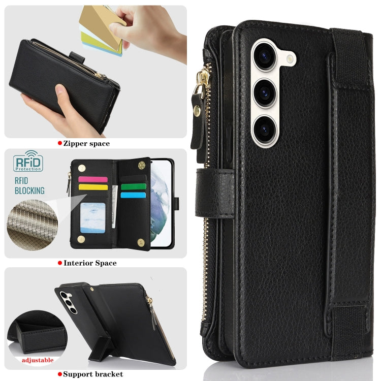 For Samsung Galaxy S23 5G Wristband Holder Zipper Purse RFID Leather Phone Case