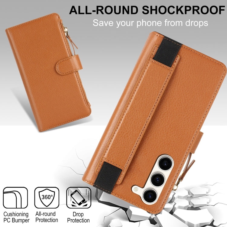 For Samsung Galaxy S23 5G Wristband Holder Zipper Purse RFID Leather Phone Case