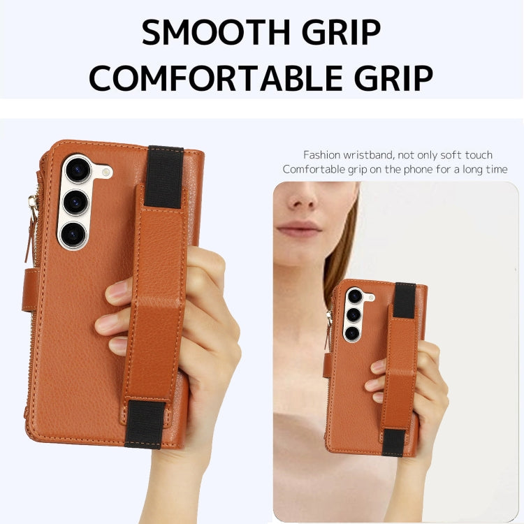 For Samsung Galaxy S23 5G Wristband Holder Zipper Purse RFID Leather Phone Case