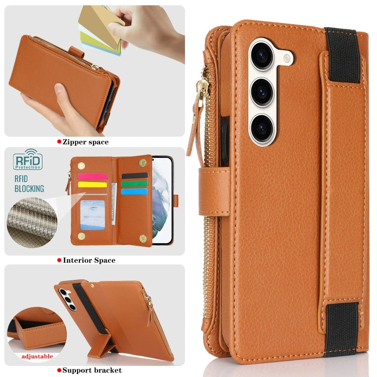 For Samsung Galaxy S23 5G Wristband Holder Zipper Purse RFID Leather Phone Case