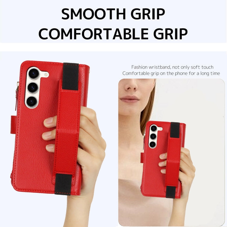 For Samsung Galaxy S23 5G Wristband Holder Zipper Purse RFID Leather Phone Case