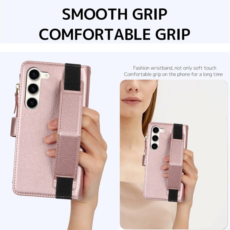 For Samsung Galaxy S23 5G Wristband Holder Zipper Purse RFID Leather Phone Case