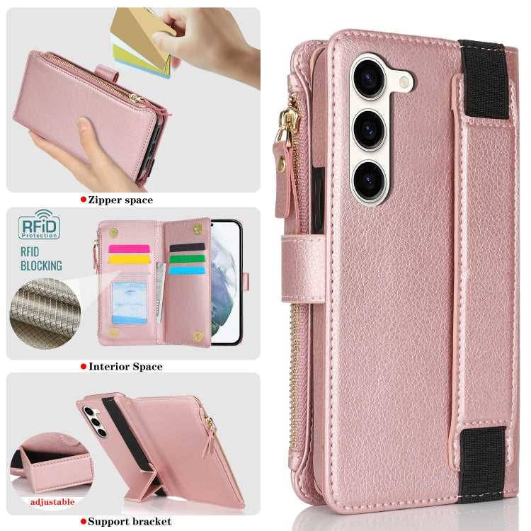 For Samsung Galaxy S23 5G Wristband Holder Zipper Purse RFID Leather Phone Case