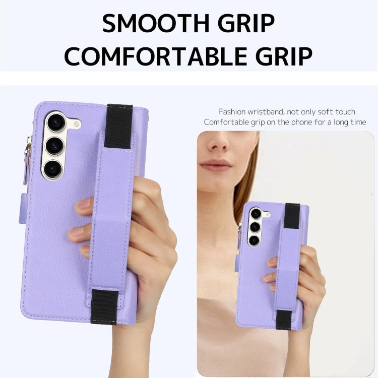For Samsung Galaxy S23 5G Wristband Holder Zipper Purse RFID Leather Phone Case