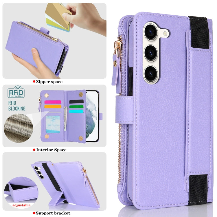 For Samsung Galaxy S23 5G Wristband Holder Zipper Purse RFID Leather Phone Case