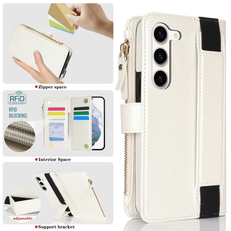 For Samsung Galaxy S23 5G Wristband Holder Zipper Purse RFID Leather Phone Case