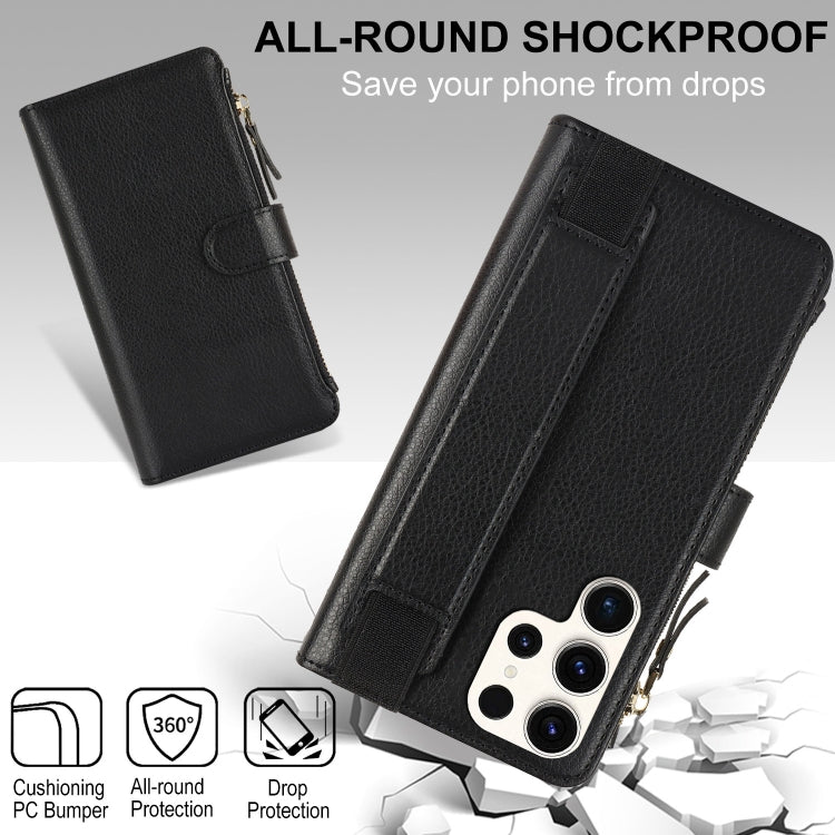 For Samsung Galaxy S23 Ultra 5G Wristband Holder Zipper Purse RFID Leather Phone Case