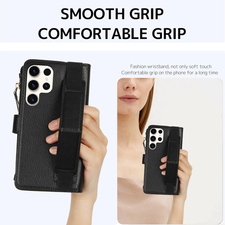 For Samsung Galaxy S23 Ultra 5G Wristband Holder Zipper Purse RFID Leather Phone Case