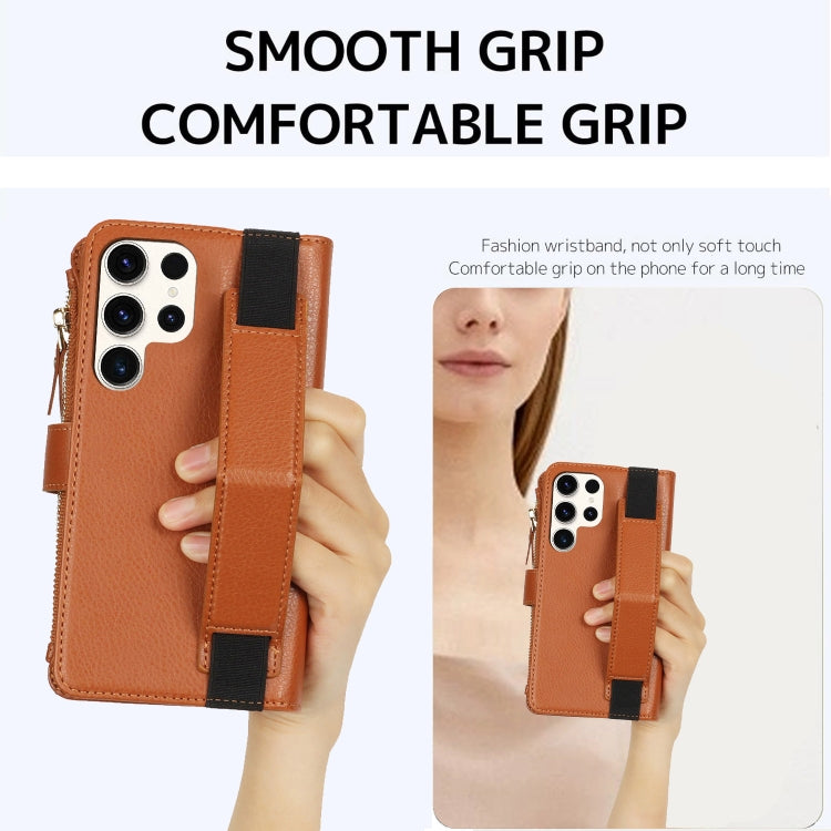 For Samsung Galaxy S23 Ultra 5G Wristband Holder Zipper Purse RFID Leather Phone Case