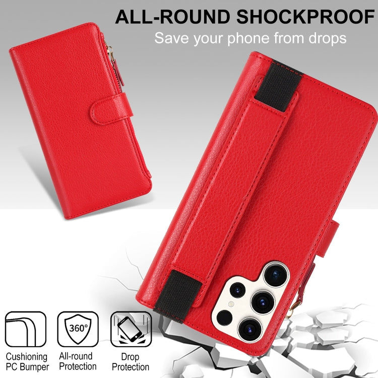 For Samsung Galaxy S23 Ultra 5G Wristband Holder Zipper Purse RFID Leather Phone Case
