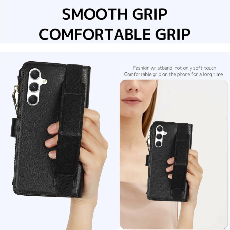 For Samsung Galaxy S24 5G Wristband Holder Zipper Purse RFID Leather Phone Case