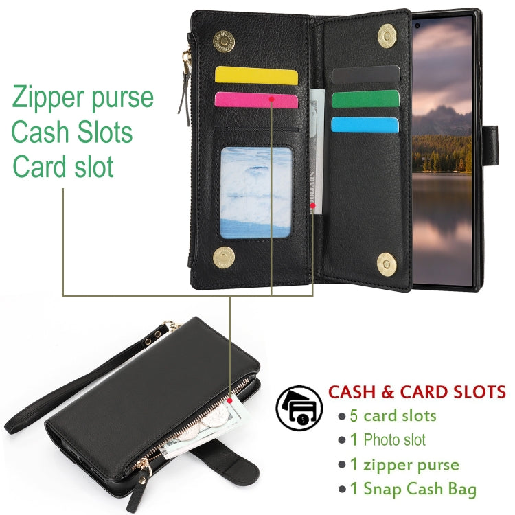 For Samsung Galaxy S24 Ultra 5G Wristband Holder Zipper Purse RFID Leather Phone Case