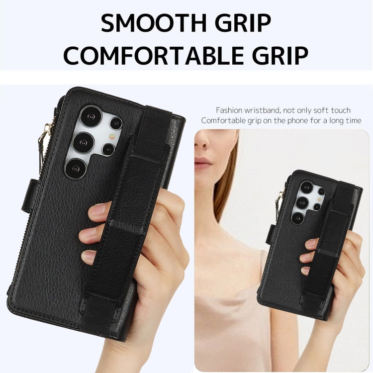 For Samsung Galaxy S24 Ultra 5G Wristband Holder Zipper Purse RFID Leather Phone Case